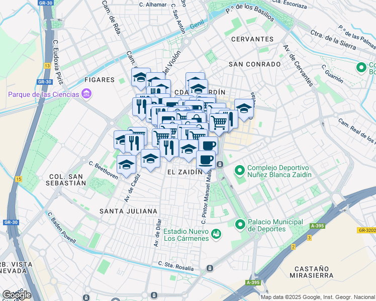 map of restaurants, bars, coffee shops, grocery stores, and more near 9 Calle Doña Rosita in Granada