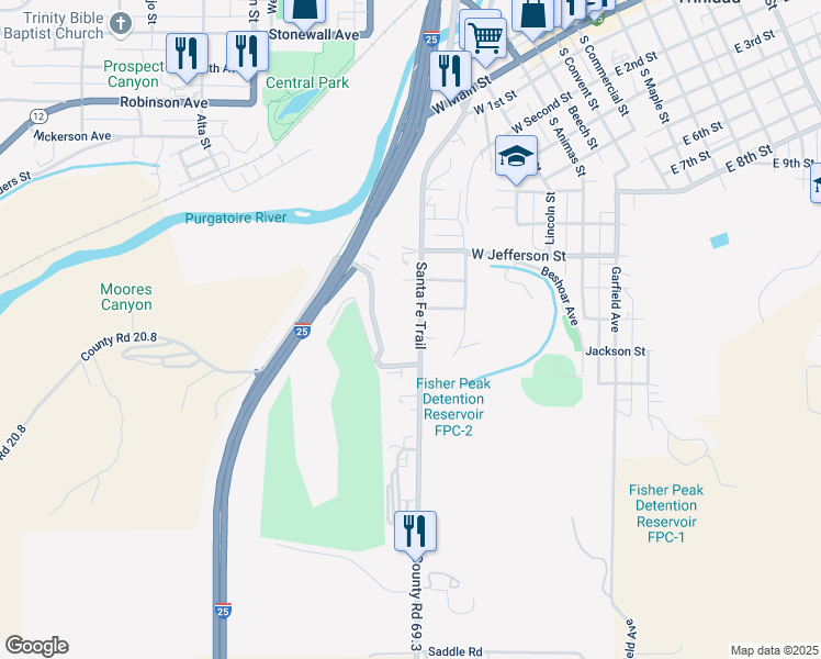 map of restaurants, bars, coffee shops, grocery stores, and more near 1423 Santa Fe Trail in Trinidad