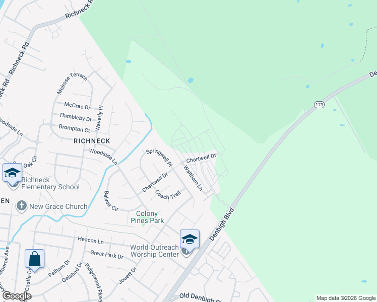 map of restaurants, bars, coffee shops, grocery stores, and more near 1534 Auckland Court in Newport News