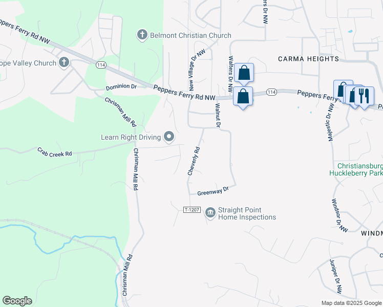 map of restaurants, bars, coffee shops, grocery stores, and more near 290 Cheverly Road in Christiansburg