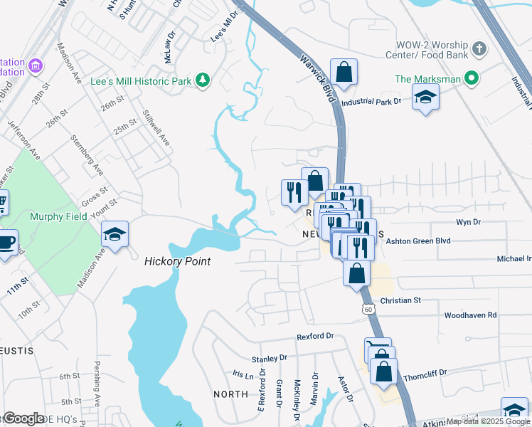map of restaurants, bars, coffee shops, grocery stores, and more near 127 Osprey Way in Newport News