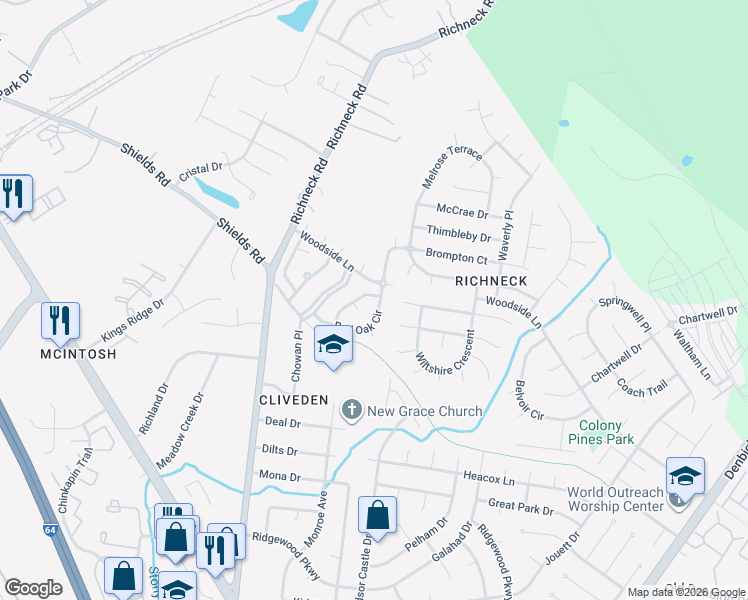 map of restaurants, bars, coffee shops, grocery stores, and more near 419 Oakwood Place in Newport News