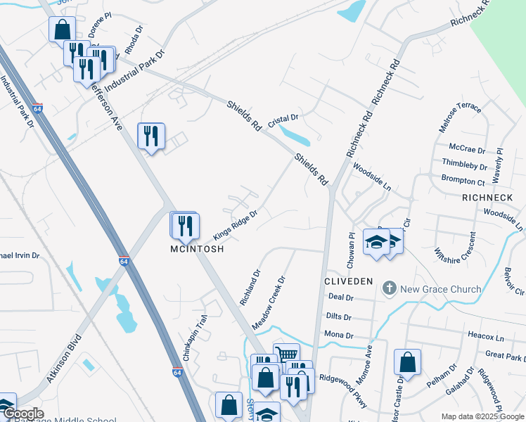 map of restaurants, bars, coffee shops, grocery stores, and more near 726 Kings Ridge Drive in Newport News