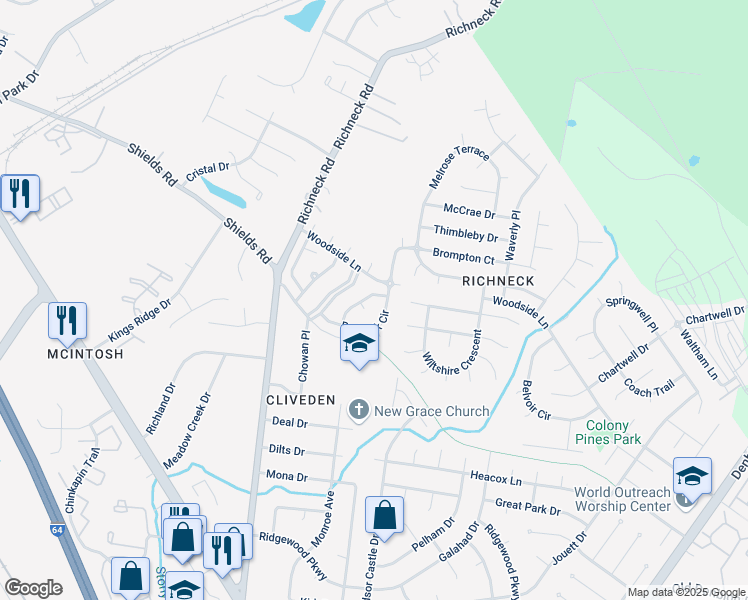 map of restaurants, bars, coffee shops, grocery stores, and more near 419 Oakwood Place in Newport News