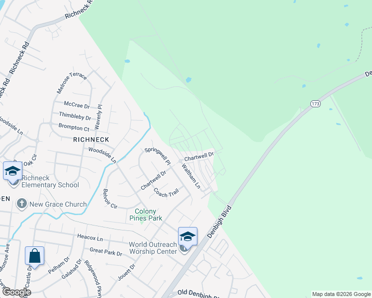 map of restaurants, bars, coffee shops, grocery stores, and more near 1534 Auckland Court in Newport News