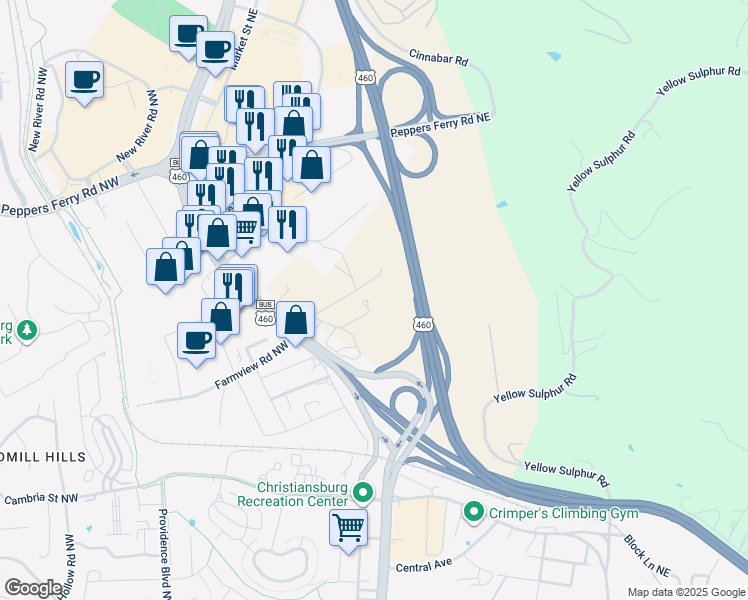 map of restaurants, bars, coffee shops, grocery stores, and more near 228 Wheatland Court Northeast in Christiansburg