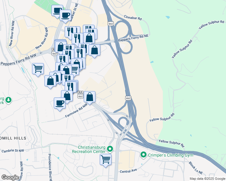 map of restaurants, bars, coffee shops, grocery stores, and more near 228 Wheatland Court Northeast in Christiansburg