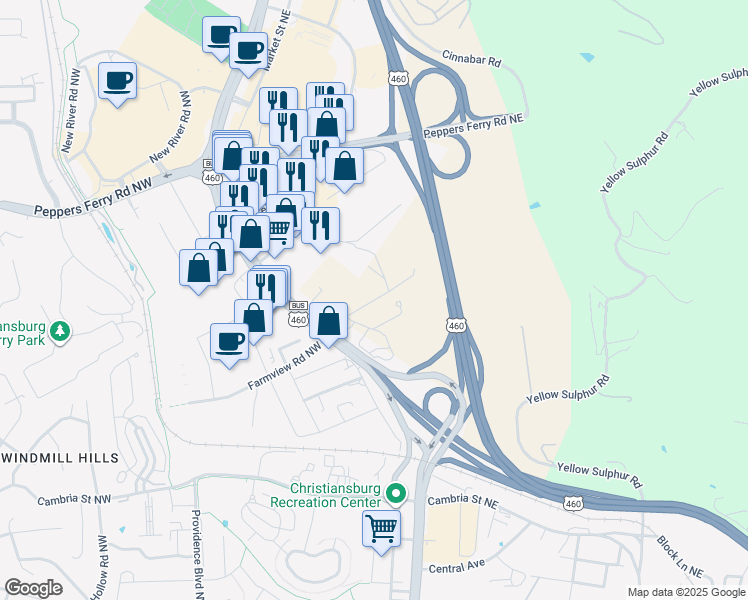 map of restaurants, bars, coffee shops, grocery stores, and more near 419 Farmview Road Northeast in Christiansburg