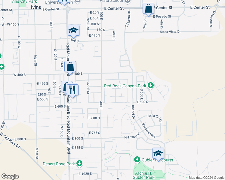 map of restaurants, bars, coffee shops, grocery stores, and more near 470 East Padre Lakes Drive in Ivins