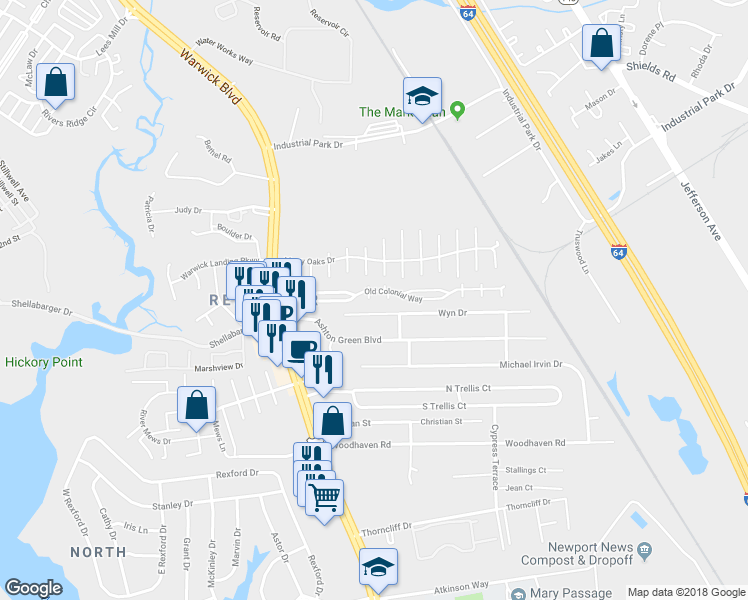 map of restaurants, bars, coffee shops, grocery stores, and more near 300 Wythe Street in Newport News