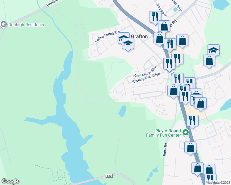 map of restaurants, bars, coffee shops, grocery stores, and more near 123 Songbird Trail in Yorktown