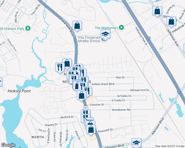 map of restaurants, bars, coffee shops, grocery stores, and more near 461 Revolution Lane in Newport News