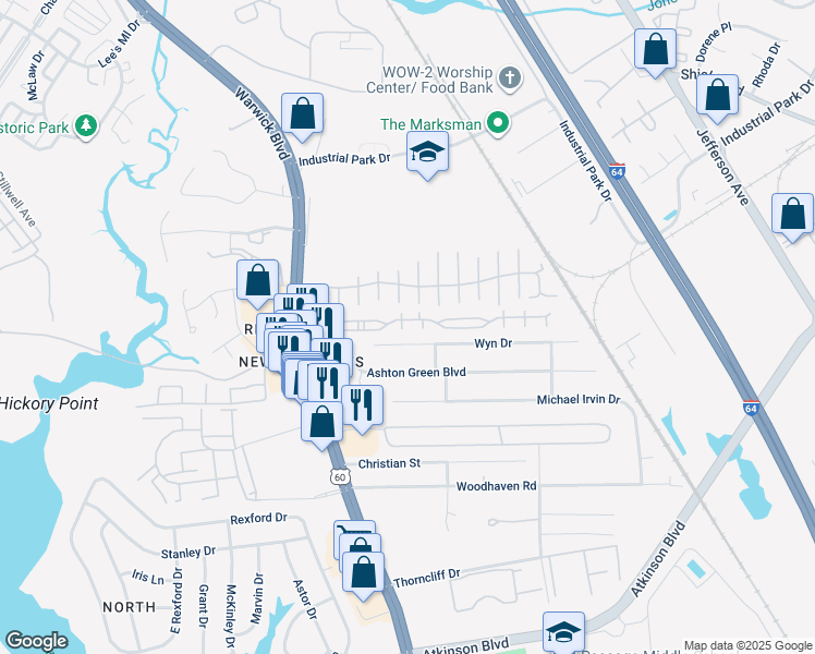 map of restaurants, bars, coffee shops, grocery stores, and more near 302 Wythe Street in Newport News