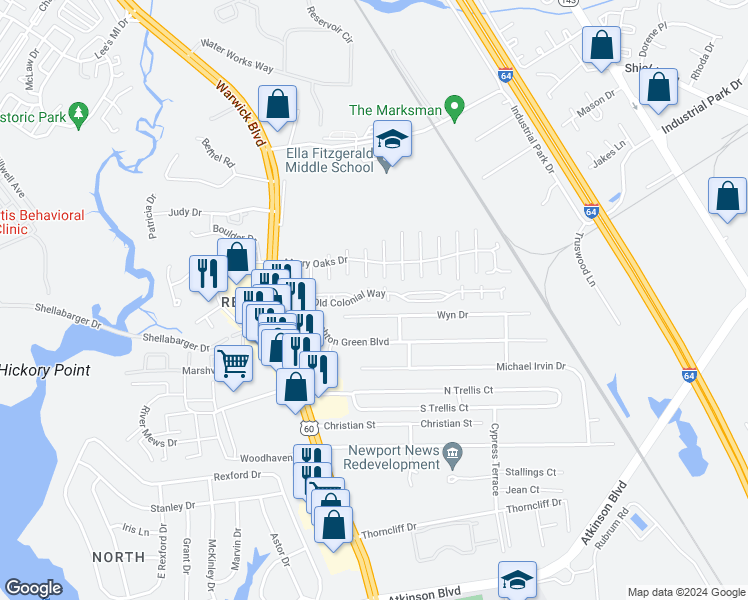 map of restaurants, bars, coffee shops, grocery stores, and more near 302 Wythe Street in Newport News