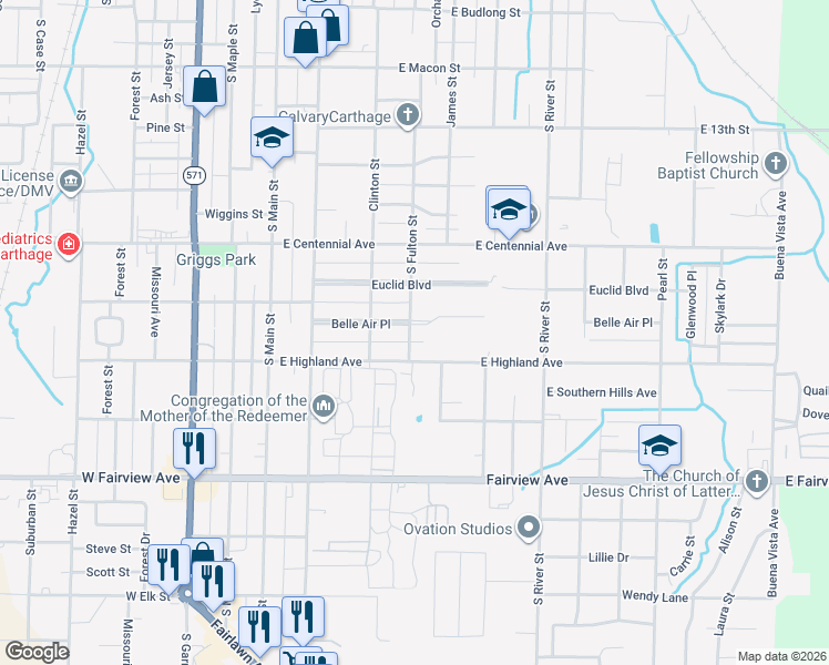 map of restaurants, bars, coffee shops, grocery stores, and more near 500-598 Belle Air Pl in Carthage