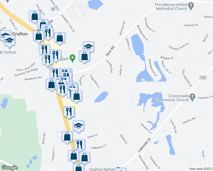 map of restaurants, bars, coffee shops, grocery stores, and more near 107 South Joshuas Way in Yorktown