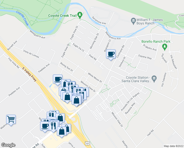 map of restaurants, bars, coffee shops, grocery stores, and more near 18664 White Moon Drive in Morgan Hill