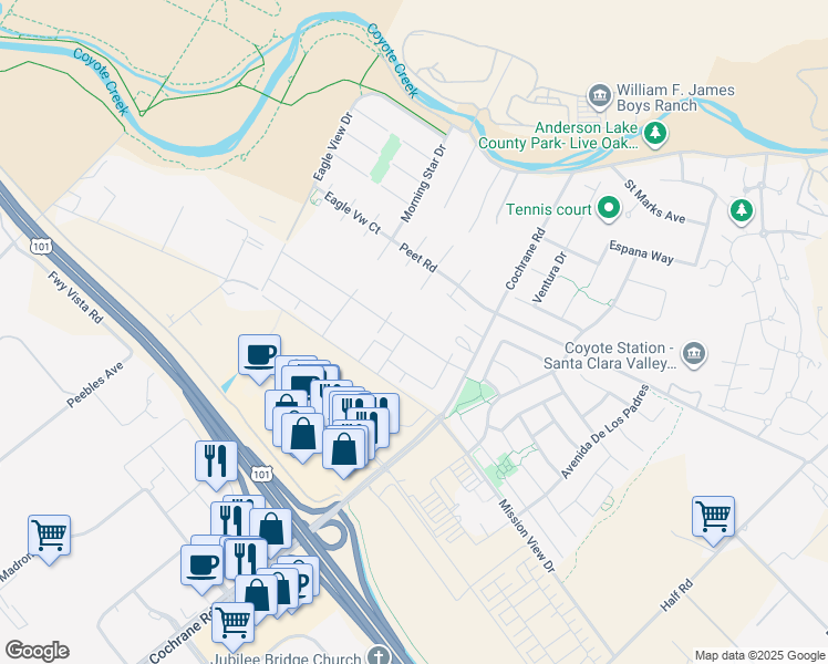 map of restaurants, bars, coffee shops, grocery stores, and more near 18664 White Moon Drive in Morgan Hill