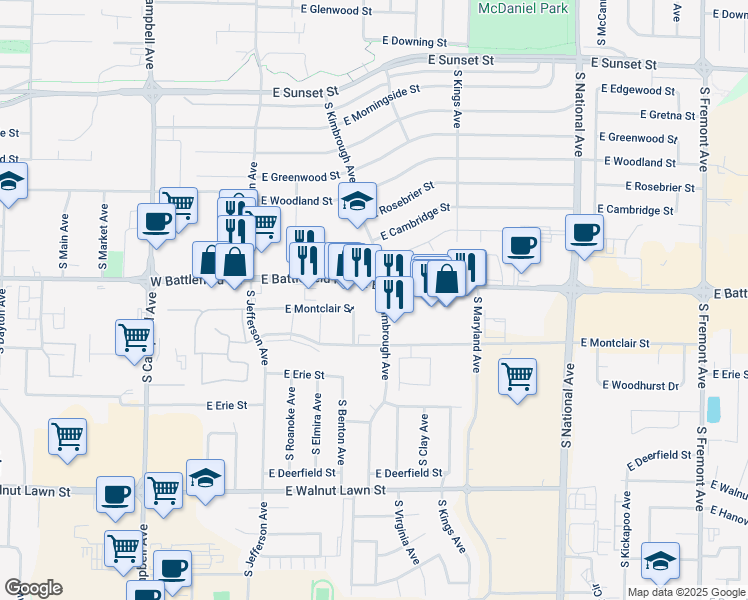 map of restaurants, bars, coffee shops, grocery stores, and more near 706 Battlefield Road in Springfield