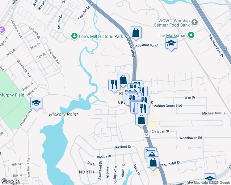 map of restaurants, bars, coffee shops, grocery stores, and more near 116 Ashton Green Boulevard in Newport News