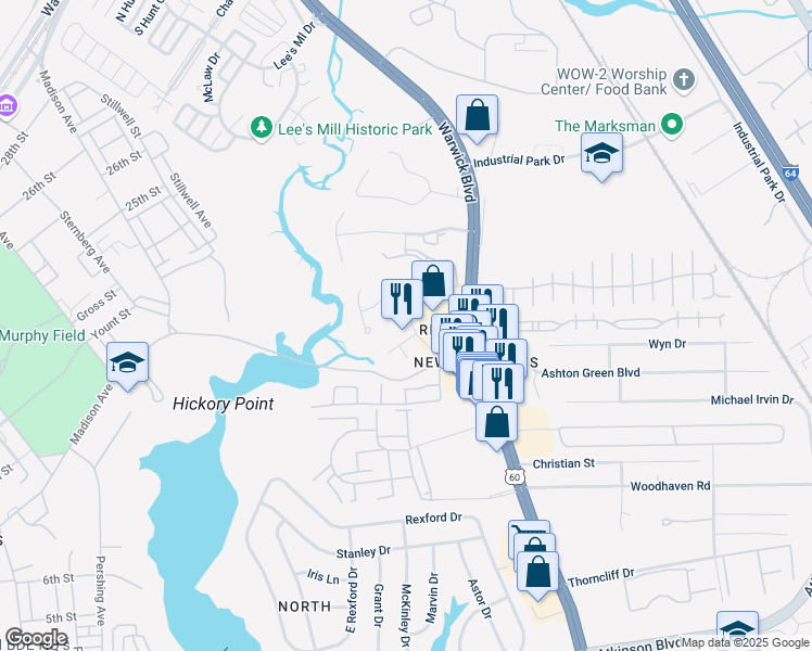 map of restaurants, bars, coffee shops, grocery stores, and more near 116 Ashton Green Boulevard in Newport News