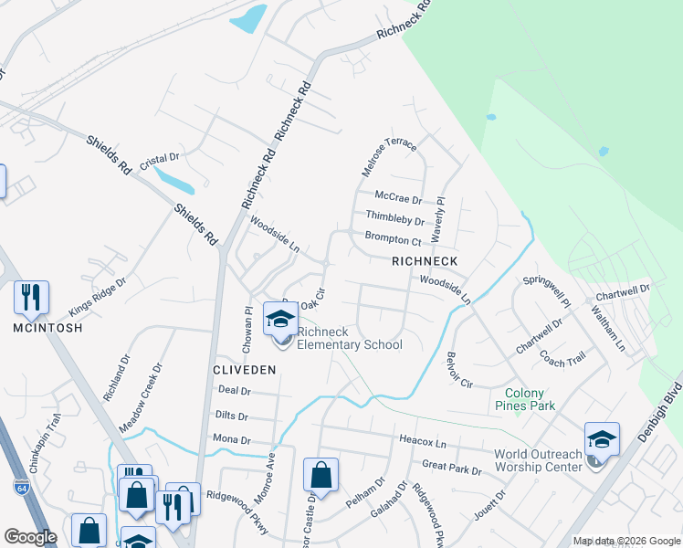 map of restaurants, bars, coffee shops, grocery stores, and more near 843 Weyanoke Lane in Newport News