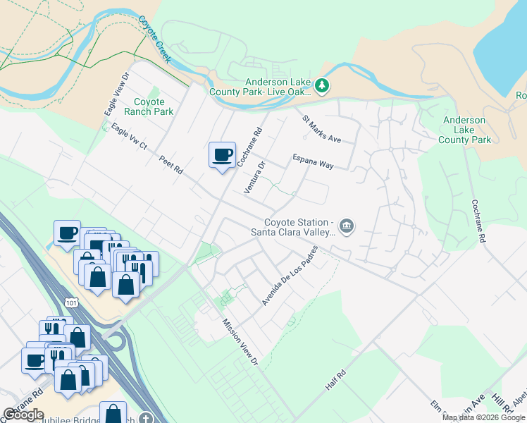 map of restaurants, bars, coffee shops, grocery stores, and more near 18615 Arguello Avenue in Morgan Hill