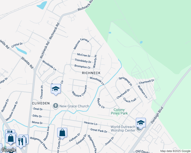 map of restaurants, bars, coffee shops, grocery stores, and more near 880 Melrose Terrace in Newport News