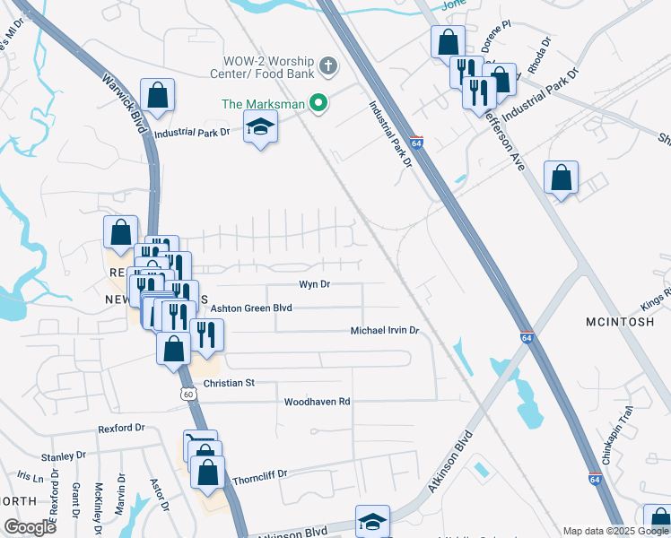 map of restaurants, bars, coffee shops, grocery stores, and more near 353 Harvest Street in Newport News