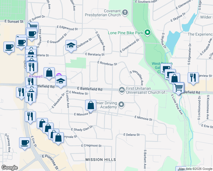 map of restaurants, bars, coffee shops, grocery stores, and more near 2328 East Cambridge Street in Springfield