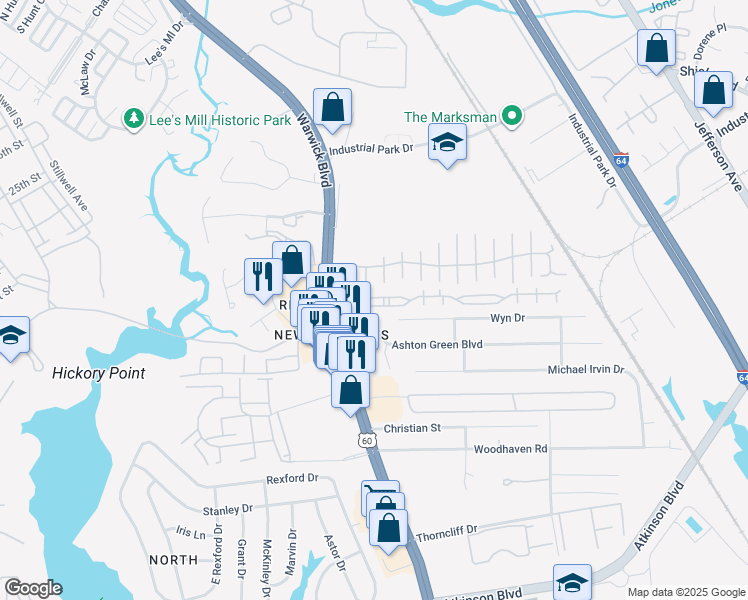 map of restaurants, bars, coffee shops, grocery stores, and more near 431 Old Colonial Way in Newport News