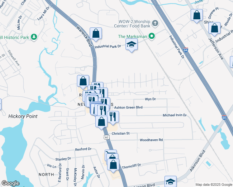 map of restaurants, bars, coffee shops, grocery stores, and more near 459 Old Colonial Way in Newport News
