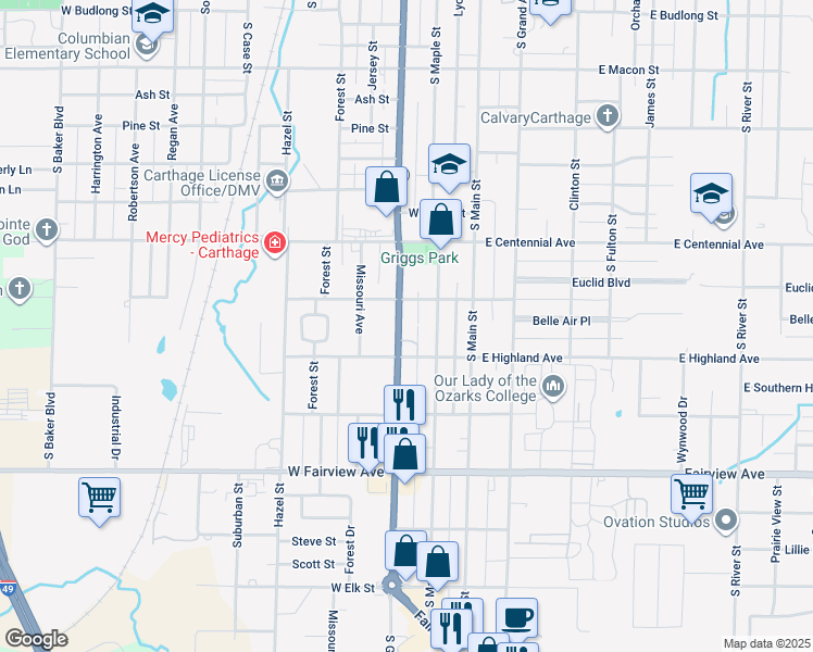 map of restaurants, bars, coffee shops, grocery stores, and more near 1718 South Garrison Avenue in Carthage