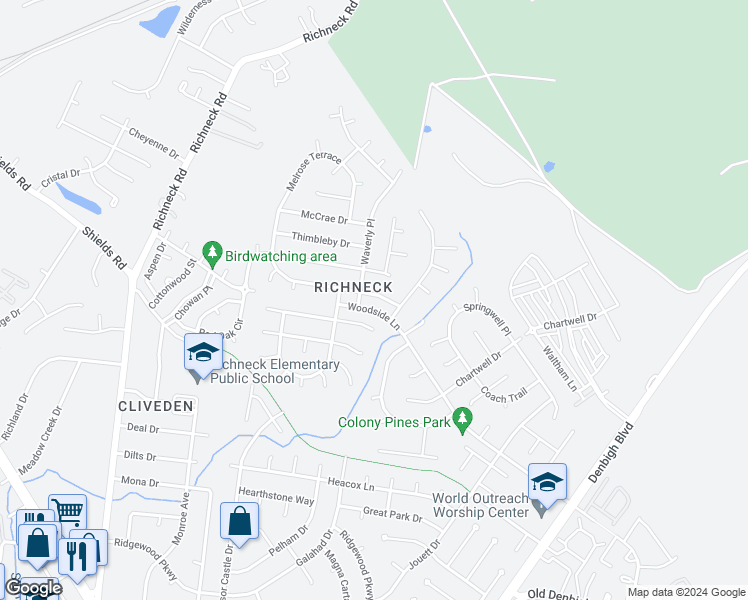 map of restaurants, bars, coffee shops, grocery stores, and more near 884 Melrose Terrace in Newport News