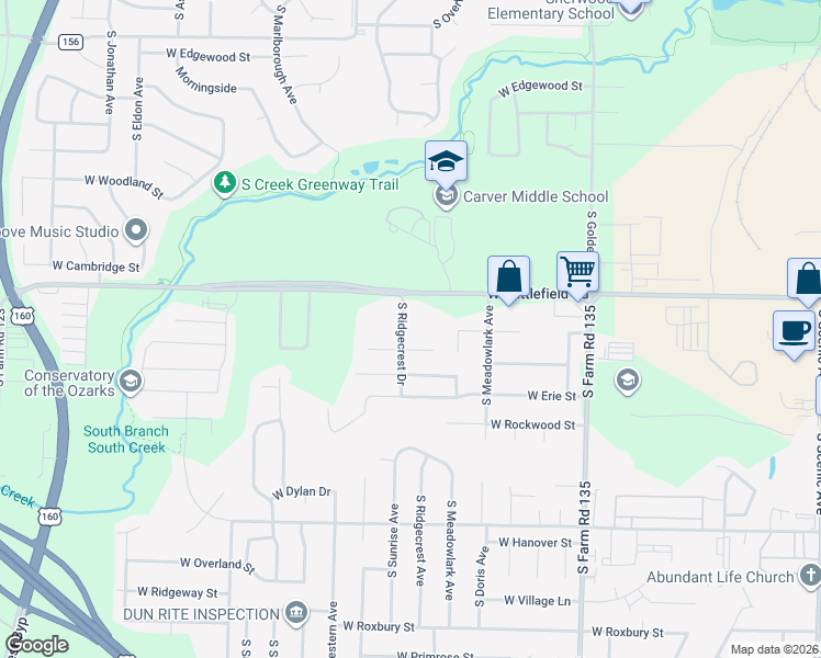 map of restaurants, bars, coffee shops, grocery stores, and more near 3066 South Ridgecrest Drive in Springfield
