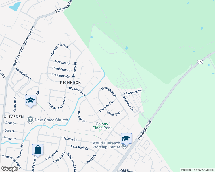 map of restaurants, bars, coffee shops, grocery stores, and more near 950 Chiswick Circle in Newport News