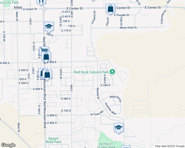 map of restaurants, bars, coffee shops, grocery stores, and more near 496 South Chula Vista Drive in Ivins