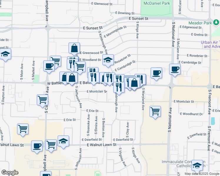 map of restaurants, bars, coffee shops, grocery stores, and more near 706 Battlefield Road in Springfield