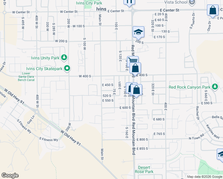 map of restaurants, bars, coffee shops, grocery stores, and more near 61 East 490 South in Ivins