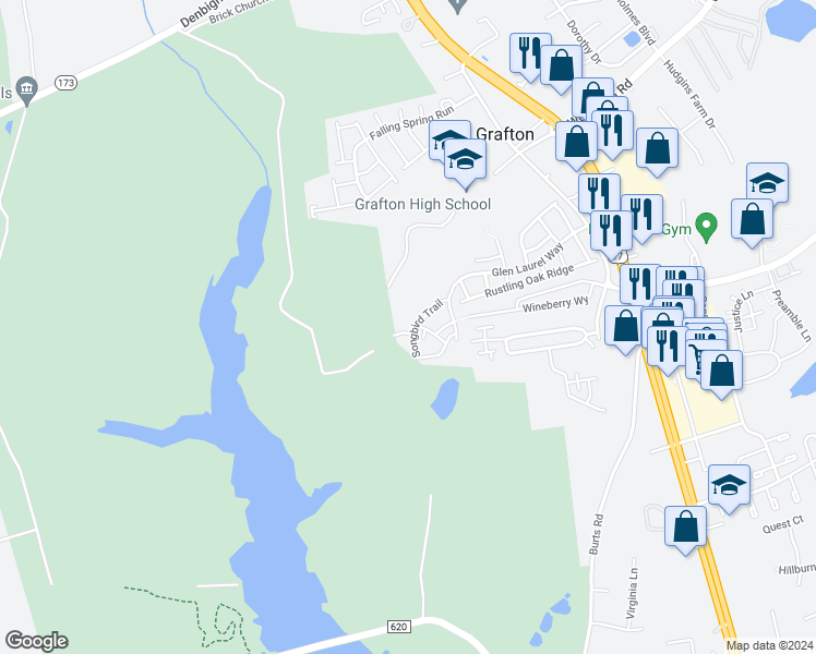 map of restaurants, bars, coffee shops, grocery stores, and more near 122 Songbird Trail in Yorktown