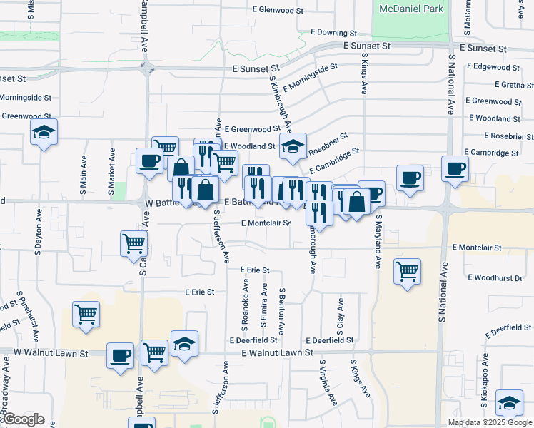 map of restaurants, bars, coffee shops, grocery stores, and more near 610 East Battlefield Road in Springfield