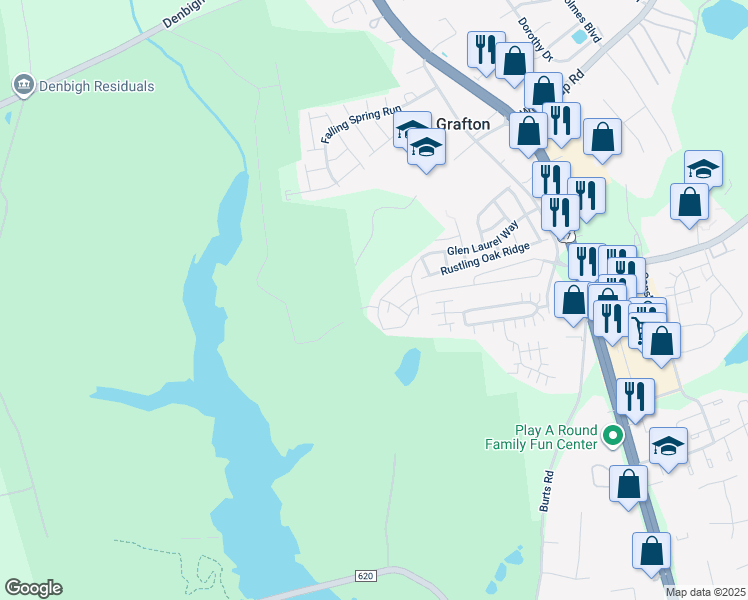 map of restaurants, bars, coffee shops, grocery stores, and more near 122 Songbird Trail in Yorktown
