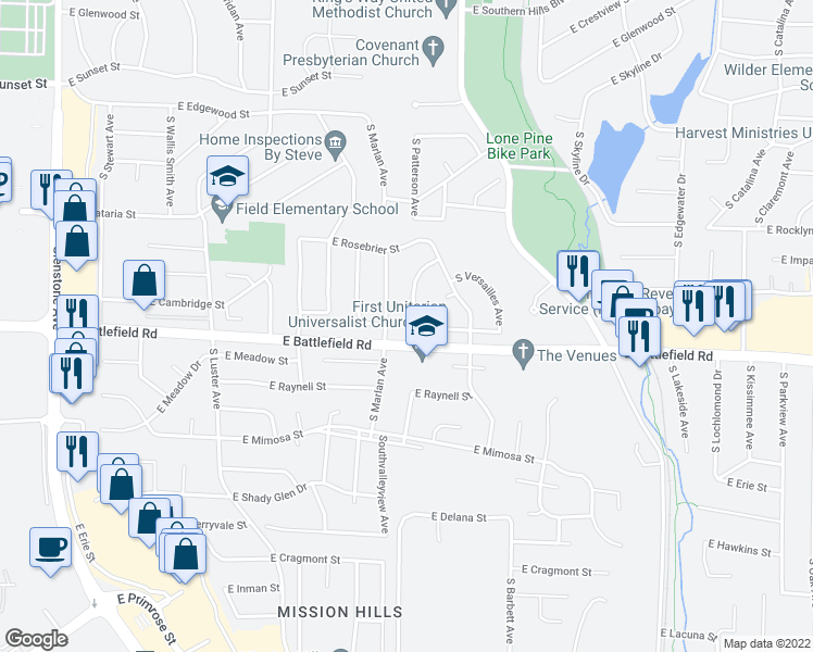 map of restaurants, bars, coffee shops, grocery stores, and more near 2941 South Josselin Place in Springfield