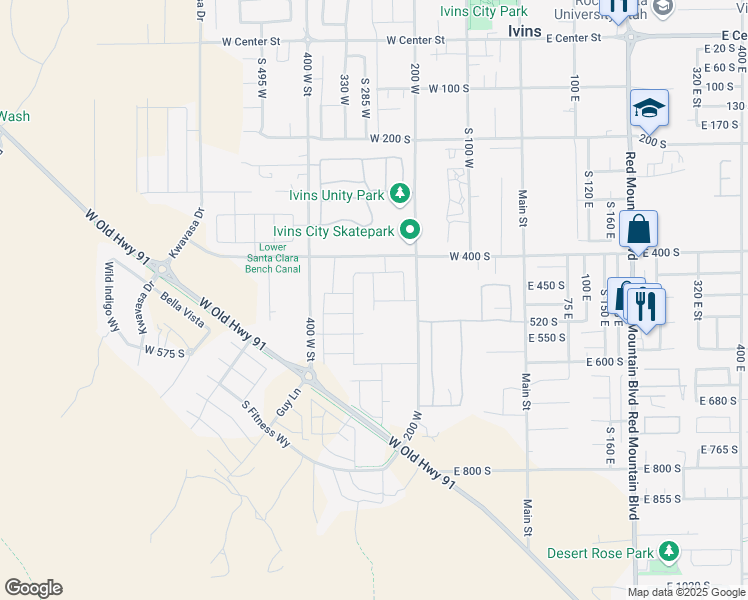 map of restaurants, bars, coffee shops, grocery stores, and more near 492 Memory Lane in Ivins