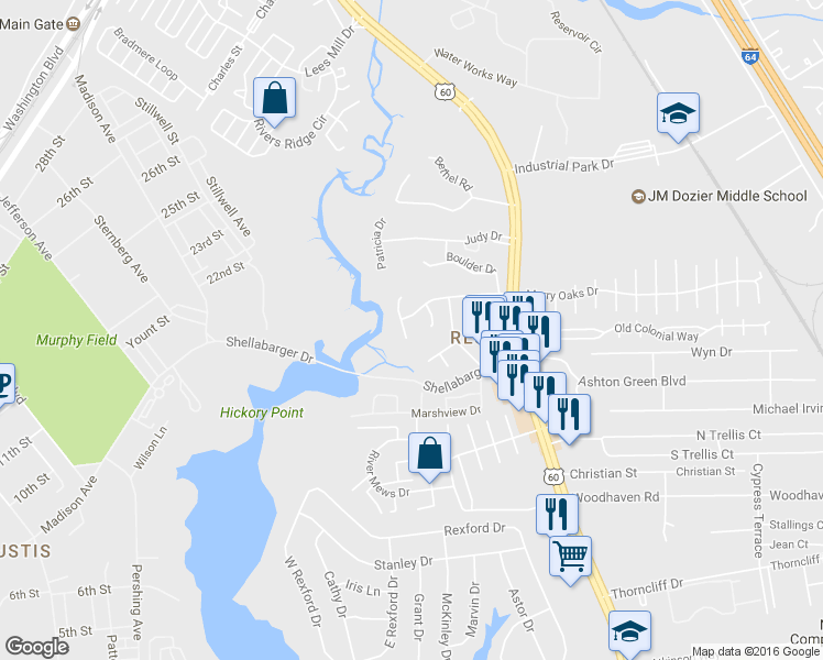 map of restaurants, bars, coffee shops, grocery stores, and more near 126 Osprey Way in Newport News