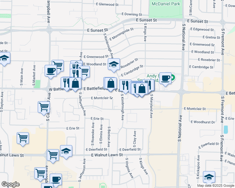 map of restaurants, bars, coffee shops, grocery stores, and more near 706 Battlefield Road in Springfield