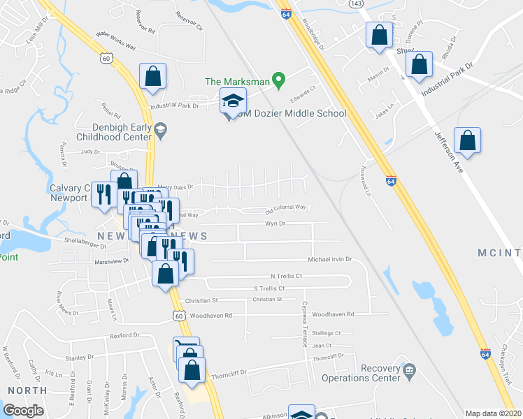 map of restaurants, bars, coffee shops, grocery stores, and more near 561 Settlement Lane in Newport News