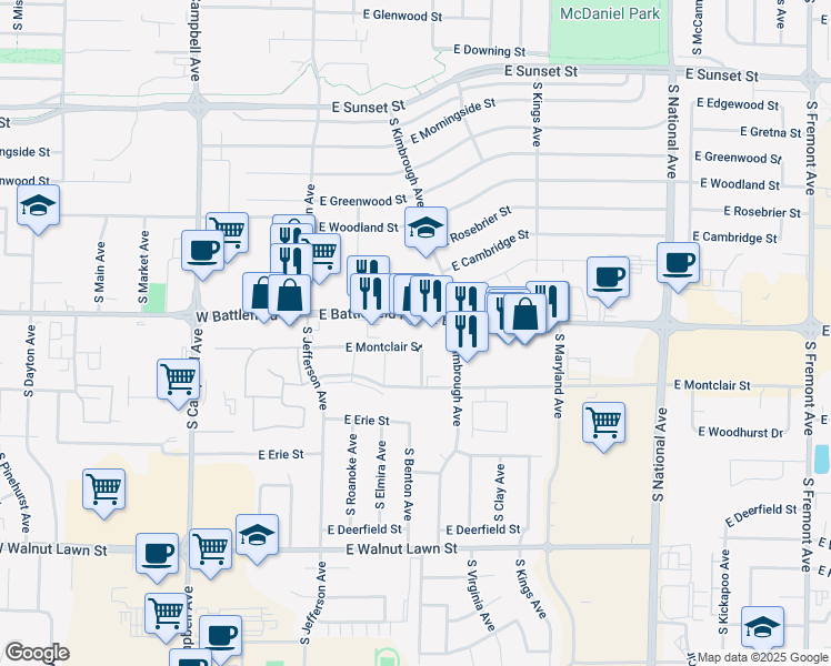 map of restaurants, bars, coffee shops, grocery stores, and more near 706 Battlefield Road in Springfield