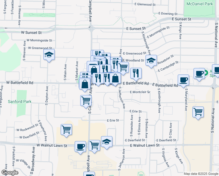 map of restaurants, bars, coffee shops, grocery stores, and more near 202 West Battlefield Road in Springfield