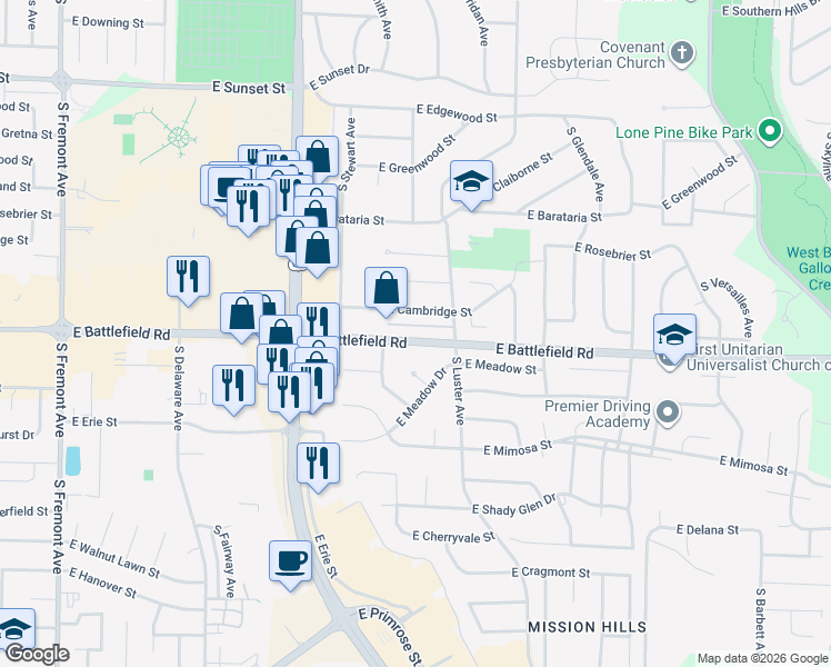 map of restaurants, bars, coffee shops, grocery stores, and more near 2001 East Battlefield Street in Springfield